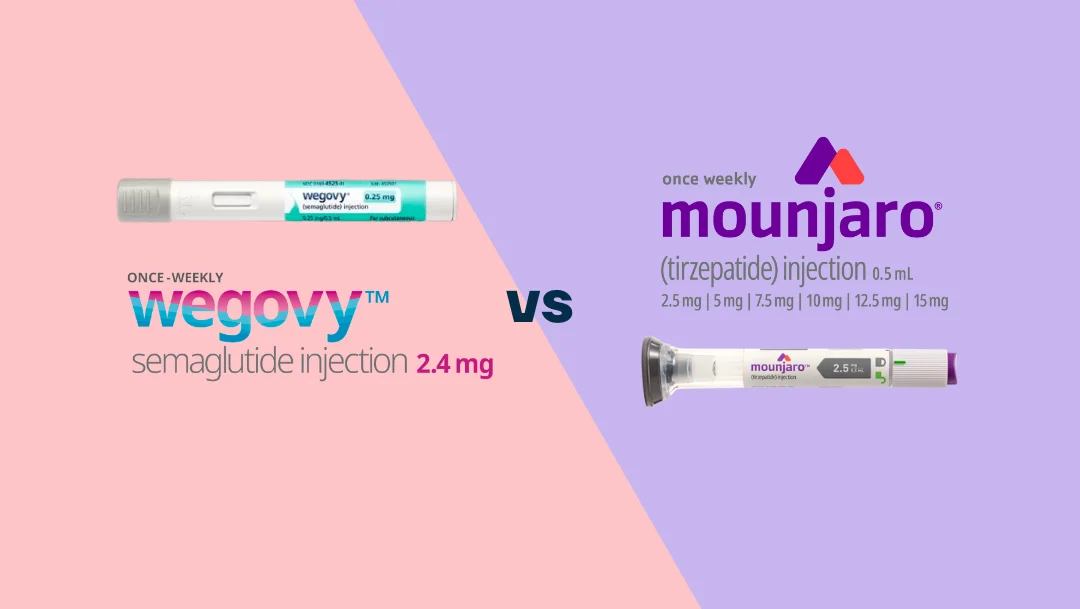 Wegovy vs Mounjaro comparison showing the two GLP-1 medications side by side with key differences in mechanism weight loss and dosing for UK patients