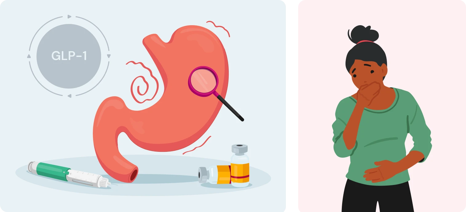GLP-1 nausea management tips showing bland foods ginger and small meals for patients on Ozempic Mounjaro and Retatrutide