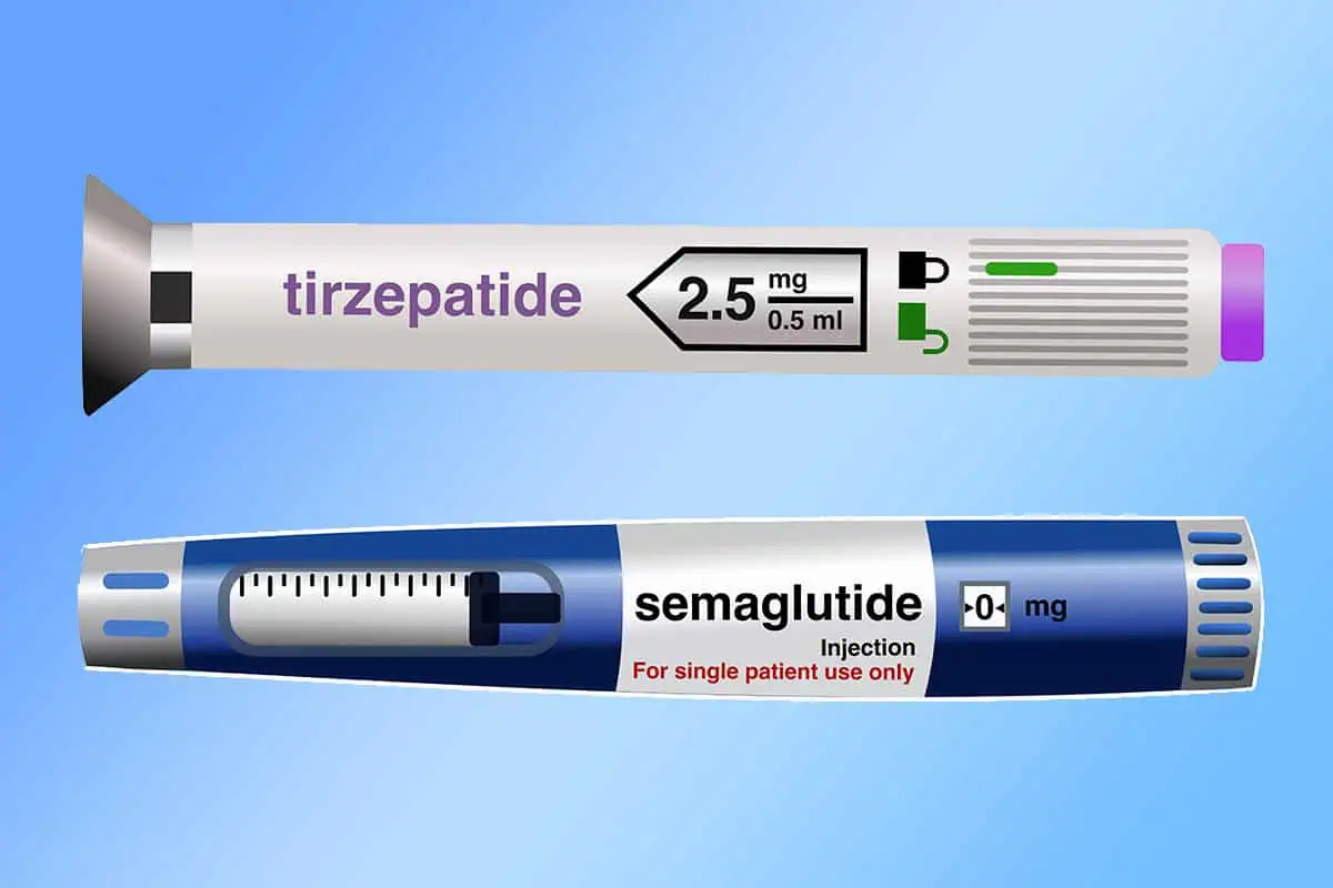Semaglutide vs tirzepatide comparison showing Wegovy and Mounjaro pens side by side